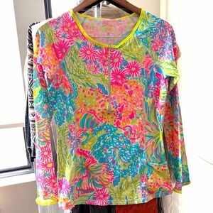 Never worn Lily Pulitzer, bright, multi color, zip-front swim shirt, size Med